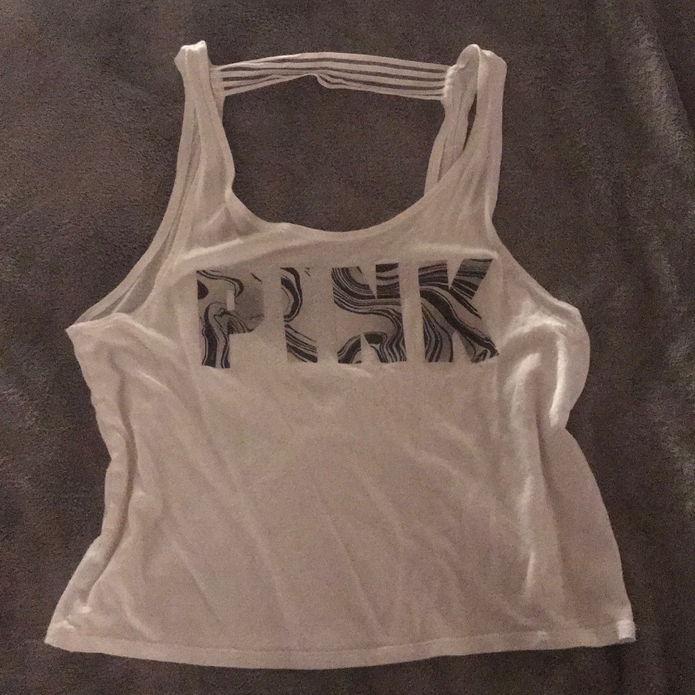 PINK white open back logo tank top